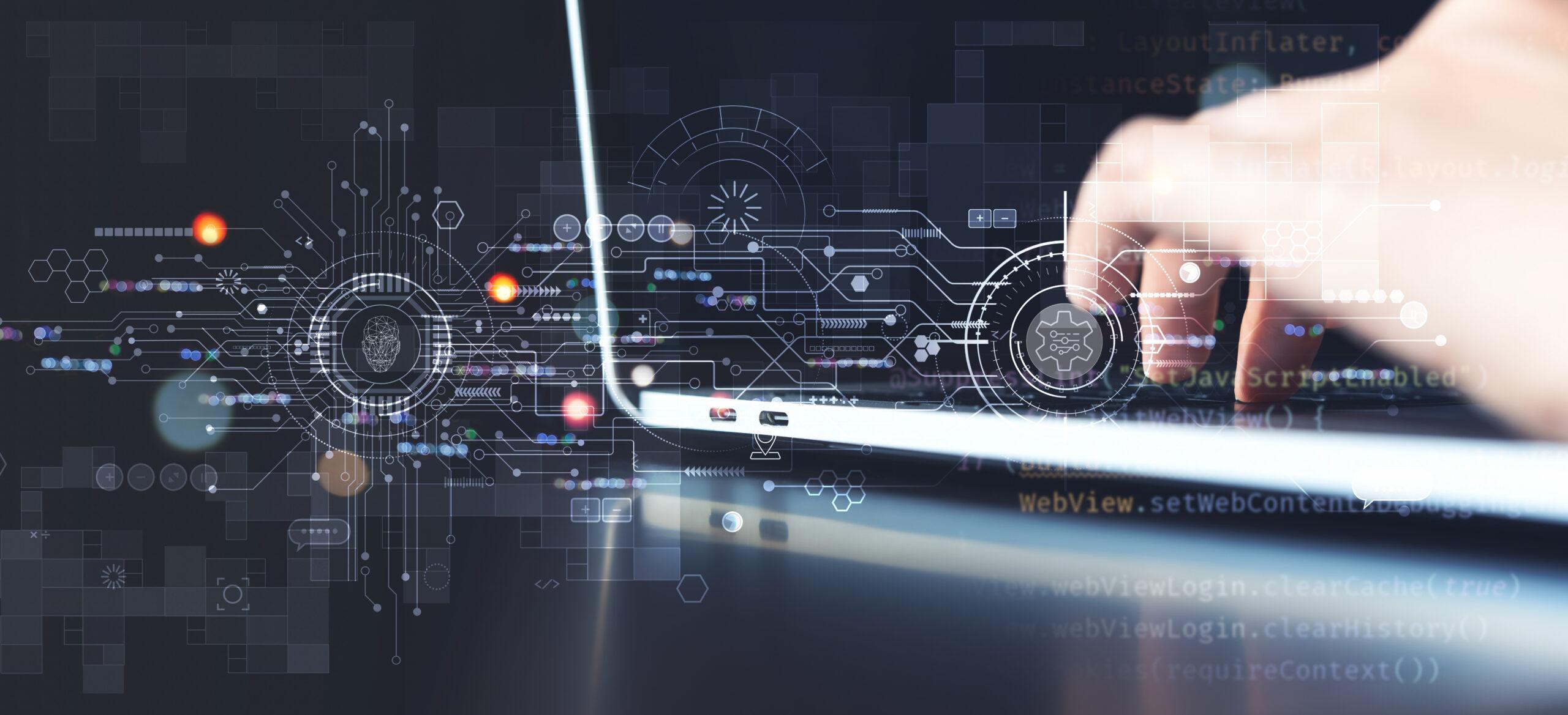 Digital transformation, IoT, Internet of Things, Software technology development concept. Software engineer coding on laptop computer with innovation technology interface with circuit board and internet network on virtual screen